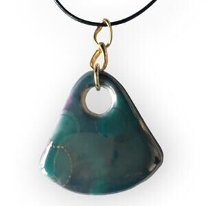 Ceramic wedge greeny-blue upcycled pendant necklace